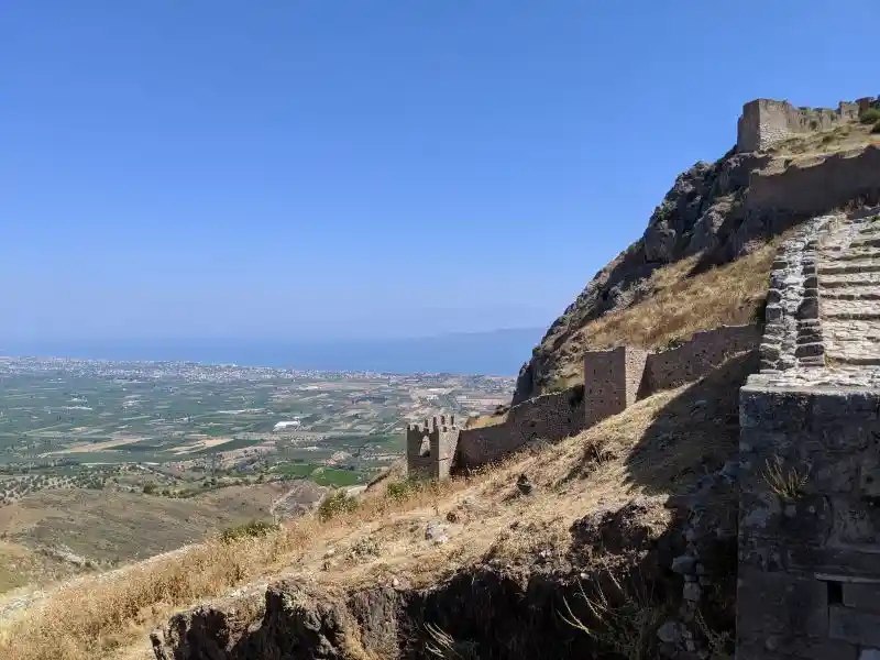 Acrocorinth fortress walls overlooking the Isthmus